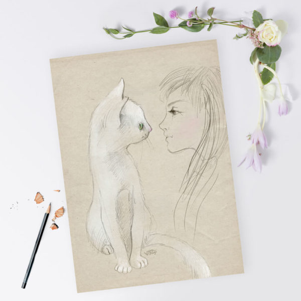 Biały kot i dziewczynka - szkic kredką, ilustracja dla dziewczynek