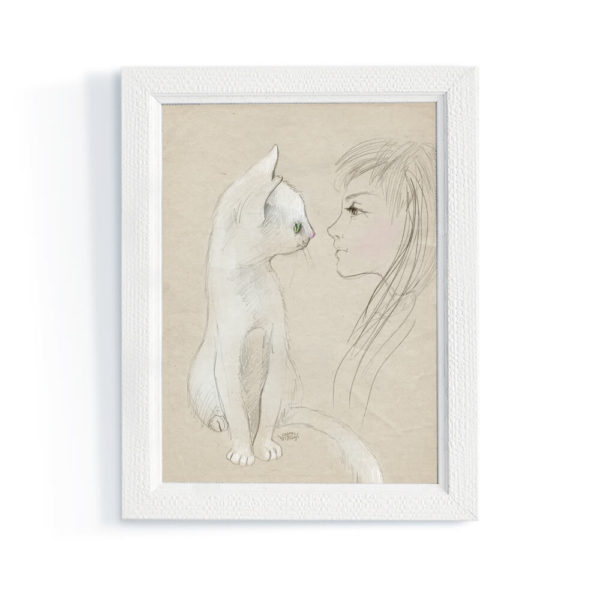 Biały kot i dziewczynka - rysunek, szkic - polska ilustracja dziecięca