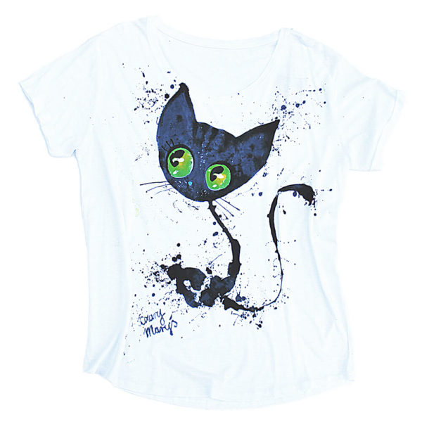 Ręcznie malowana bluzka kobieca z czarnym kotem